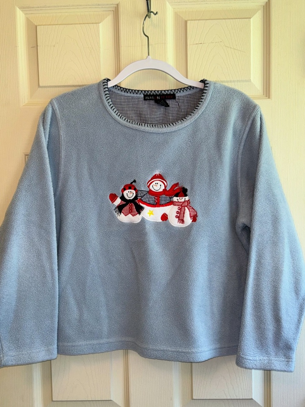 Avalon Light Blue Fleece Crewneck Sweater with Red & White Snowman Appliqué